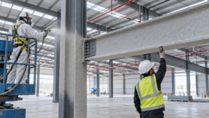 Steel building fire protection application and thickness inspection in a warehouse