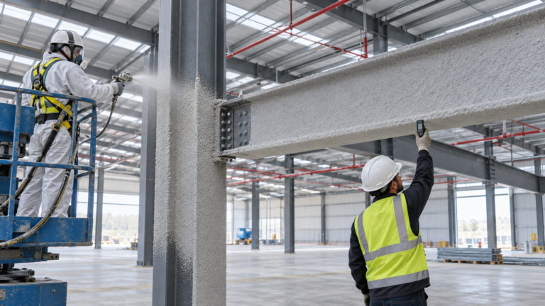 Steel building fire protection application and thickness inspection in a warehouse