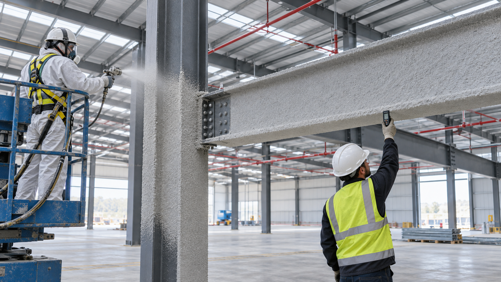 Steel building fire protection application and thickness inspection in a warehouse