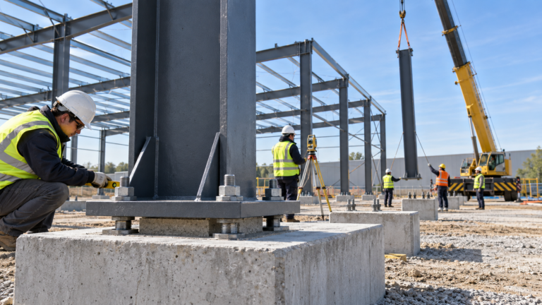 Steel building foundation design with base plate anchor rods and column erection