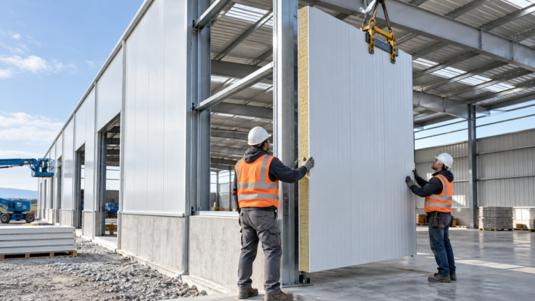 Steel building insulation sandwich panel installation on a warehouse