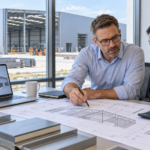 Buyer and structural engineer reviewing a steel warehouse quotation and technical drawings