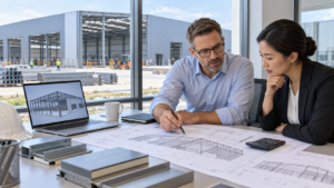 Buyer and structural engineer reviewing a steel warehouse quotation and technical drawings