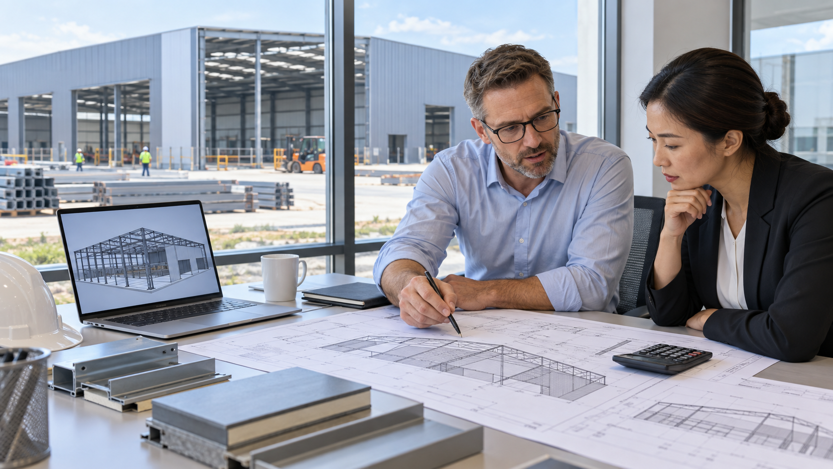 Buyer and structural engineer reviewing a steel warehouse quotation and technical drawings