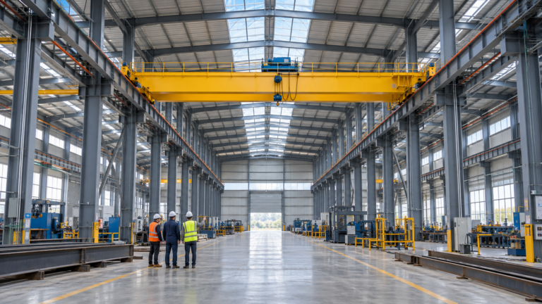 Interior of a steel building with overhead crane and crane runway beams
