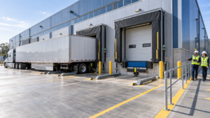 Steel warehouse loading dock design with trailer leveler restraint and protected walkway